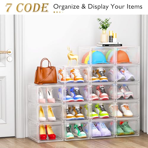 7 code Large Clear Shoe Boxes Organizer【Thicker Material】 Stronger Shoe Box with Magnetic Door, Stackable Shoe Storage Box for Closet, Foldable Space-Saving Storage Bins Shoe Cabinet, White 9 Pack