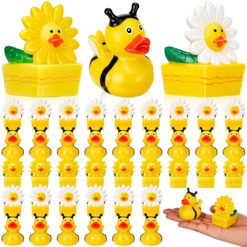 24 Pcs Deekin Summer Bee Daisy Rubber Ducks Bulk 2 Inches Honeybee Daisy Party Favors for Dashboard Decorations Hide Cruise Ships Spring Gift Bag Fillings Bee Party Supplies
