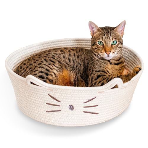 Catstages Bed & Basket Retreat 2-in-1 Cat Bed with Removable Cushion, Plush, Cotton Rope, White