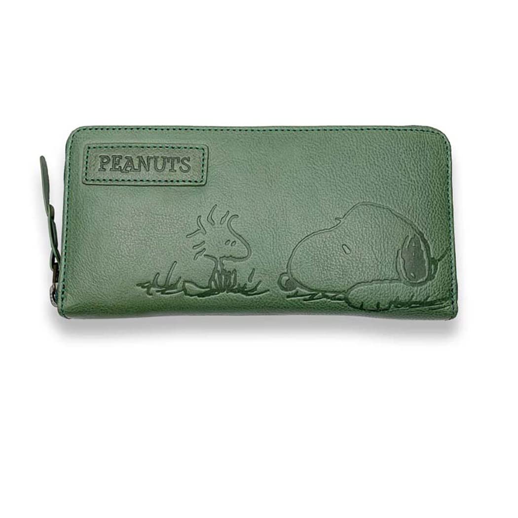 PEANUTS SNOOPY スヌーピー ラウンドファスナーロングウォレット 長財布 グリーン 73053 牛革 イタリアンレザー ユニセックス 男女兼用 (ブルー(グリーン))