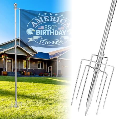 Sinyoeer 304 Stainless Steel 8FT In Ground Flag Pole with 7 Prongs Base Heavy Duty Extra Thick Camper Flag Pole 1 Inch Inground Flag Pole for Outside House Yard Garden (Silver-8FT)