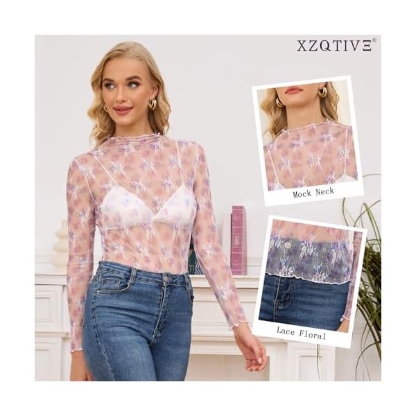 XZQTIVE Womens Mesh Long Sleeve Top See Through Mock Neck Party Club Night Floral Lace Layering Tops Blouse - Image 5