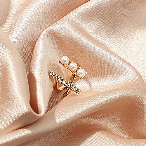 Vintage CZ Tiny Bar Pearl Open Band Ring for Women Girls Gold-Toned Cubic Zirconia Statement Adjustable Expandable Shell Pearls Finger Rings Comfort Fit Dainty Wedding Anniversary Christmas Jewelry3