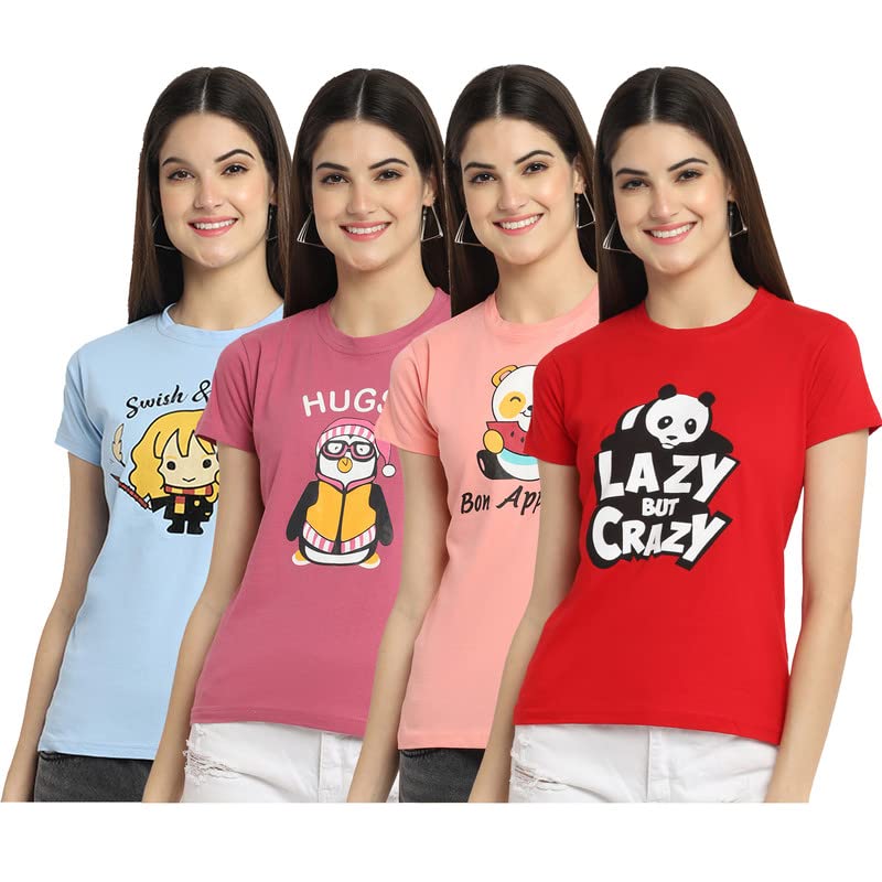 Preneum Lot de 4 t-shirts décontractés en coton pour femme - Coupe droite - Imprimé graphique - Élégant - Manches courtes - Tendance