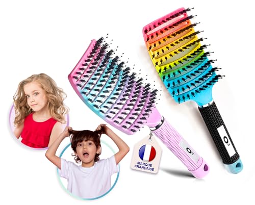 Brosse Cheveux demelante Magique [ 2 Brosses Arc-en-Ciel Rose + Bleu - NE TIRE PAS ] Poil de Sanglier 100% Naturelle - Pour démêler en douceur !