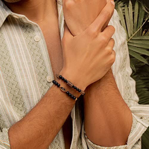 KARMA AND LUCK - Grounding Force - Triple Protection (Om, Hamsa & Evil Eye) Symbols Genuine Gemstones Macrame Bracelet for Men - Ready to Gift for Him. Size: Adjustable from 7" to 9".3