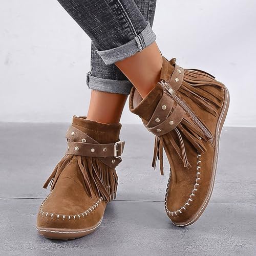Snow Boots for Women Casual Fringe Faux Suede Ankle Non Slip Booties Vintage Short Booties Side Zip Flat Winter Boot4