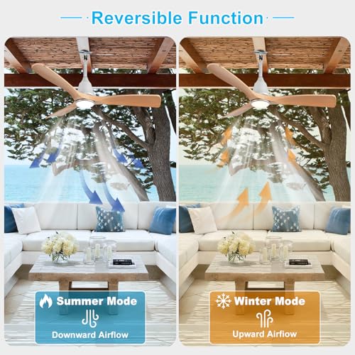Image of Depuley Outdoor Ceiling Fan with Lights: 42 inch Silver Gazebo Fans Outdoor Hanging with Remote APP Control - Plug in Waterproof Fans with Light for Patio Porch Reversible Wood Blades 3CCT 6 Speeds Timer