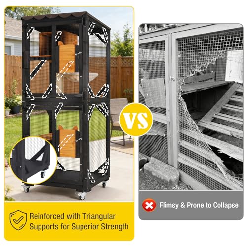 Image of 62.8'' Cat Catio Enclosure, Multi-Level Cat Cage with Jumping Platforms, Sisal Scratching Post & Weatherproof Roof Cover, Solid Fir Wood Cat House for Indoor Outdoor Use, Brown (Fits 2-3 Cats)