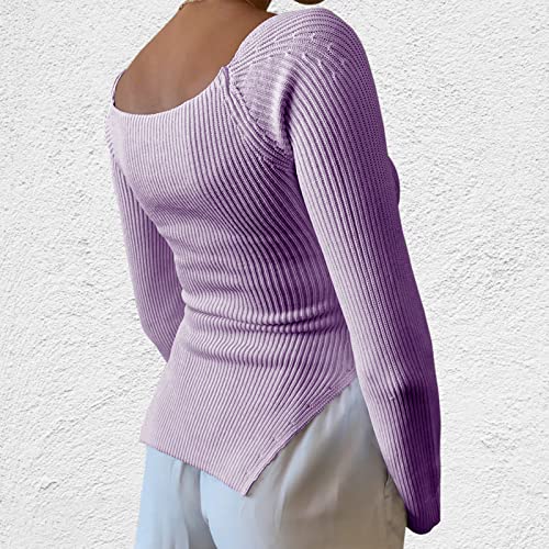 Image of Women's Square Neck Ribbed Knitted Sweater Long Sleeve Crop Slim Fitted Basic Pullover Tops