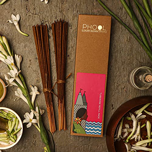 Image of Phool Luxury Incense Tuberose (Rajnigandha) Refill Pack - 80 Organic Charcoal-Free Agarbatti (200g), Calming Floral Fragrance, Pooja, Meditation & Aromatherapy