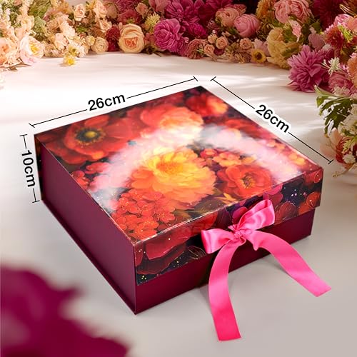 Image of RBS - Foldable Gift Box with Ribbon 26x26x10cm Gift Boxes for Packaging (1 Pack) Multi-Purpose Gift Boxes for Presents Reuse Gift Packing Box Decorative Hamper Box (M-Glossy Secret Garden)
