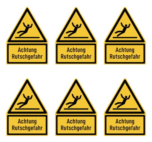 Pegatinas: 75 x 50 mm, 6 unidades. Advertencia: peligro de deslizamiento, señales de advertencia con texto (en alemán) (amarillo/negro) – Trick – W011 – DIN EN ISO 7010 / ASR A1.3