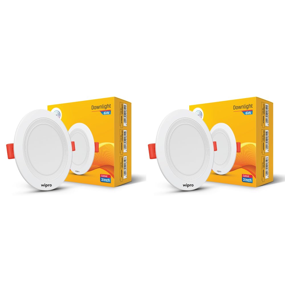 wipro Acrylonitrile Butadiene Styrene 6W Alpha Downlight for Junction Box | Warm White (2700K) |3 inch Cutout, 22mm Height| Surge Protection Upto 350 VA | High Voltage Protection Upto 4KV | Pack of 2