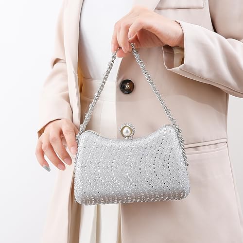 Image of Women's Clutch Crystal Rhinestone Purse With Chain Pearl Clasp Evening Wedding Diamond Handbag