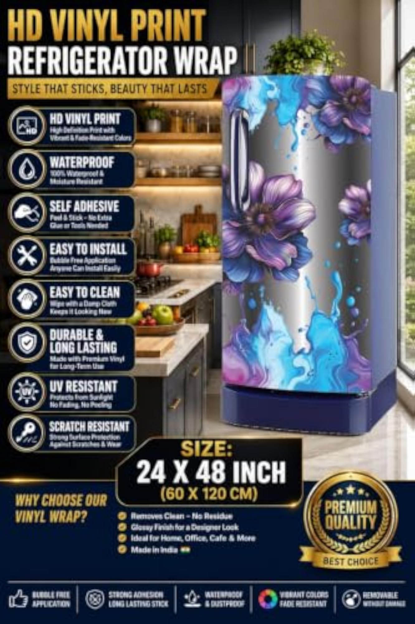 Single Door Fridge Wallpaper Sticker with 3D Floral Design