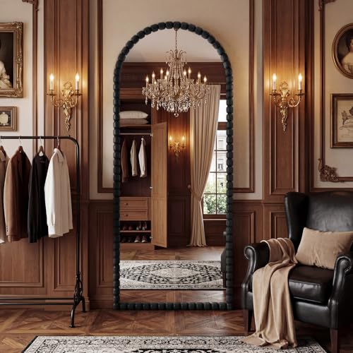 Image of Vintage Full Length Mirror with Stand, 71x28 Inch Arched Beaded Full Body Mirrors, Large Floor Mirror Standing Mirror Full Length Wall Mounted Decor for Bedroom Living Room Cloakroom, PU Frame, Black
