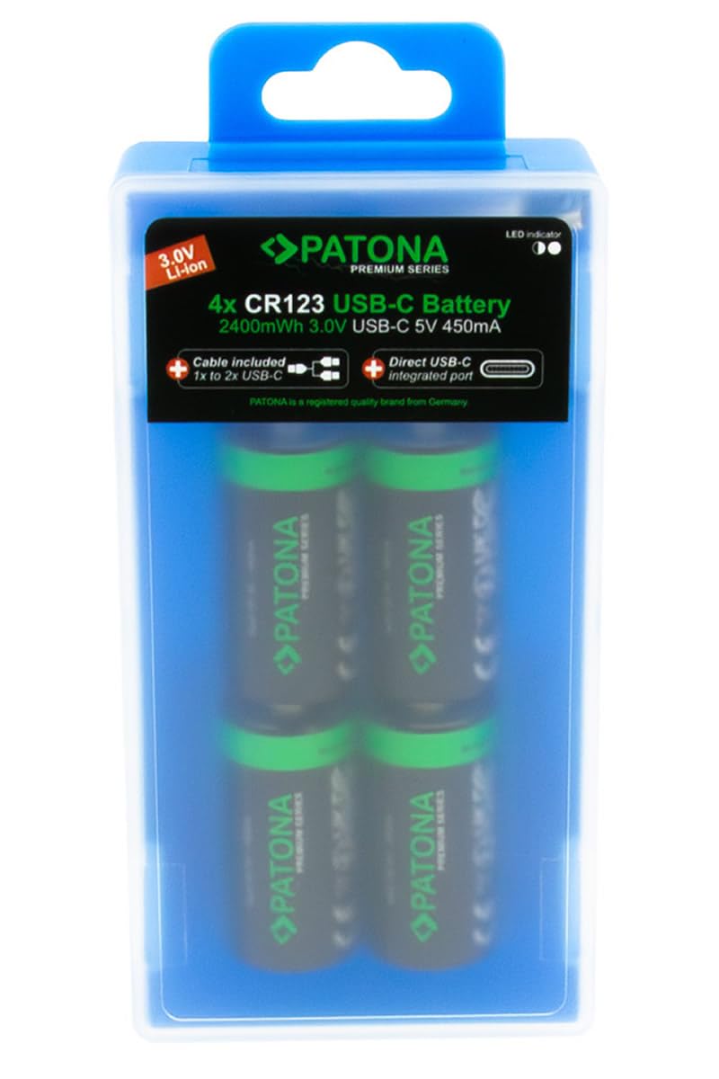 PATONA 4X CR123A Akku 3V wiederaufladbar – Lithium-Akku mit USB-C-Ladefunktion – inkl. 1-zu-2 USB-C-Kabel – für Kamera, Taschenlampe und Mikrofon