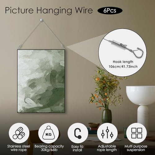 Image of 4 /6Pcs Picture Hanging Wire 3.48 FT 304 Stainless Steel Mirror Hanging Wire Rope Adjustable Length Picture Frame Hanging Hardware Heavy Duty Mirror Frame Hanging Kit for Mirror QUZHEMA US
