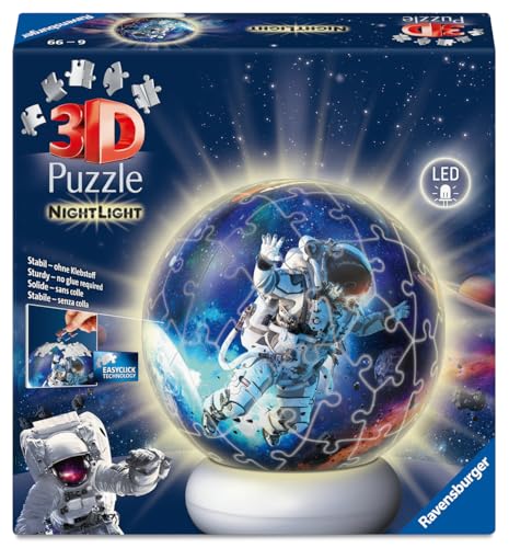 Ravensburger - Puzzle 3D Ball illuminé - Les astronautes - A partir de 6 Ans - 72 pièces numérotées à Assembler sans Colle - Socle Lumineux Inclus - 12008058