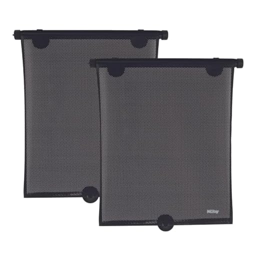 Nuby 14" Roller Vehicle Side Window Sun Protection Shade for Baby | 2 Pack | Pull Down with Suction Cups and Press Button Roll Up | Black