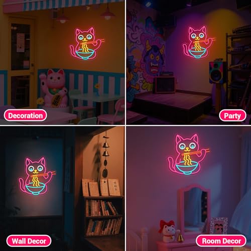 Image of Ramen Cat Neon Sign for Wall Decor, Cute Cat Neon Sign Ramen LED Signs for Wall Art Decor Restaurant Home Bar Kitchen Dining Bedroom Art Decor Christmas Gifts