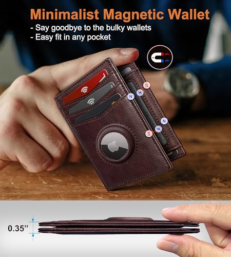 Airtag Slim Leather Wallet for Men - 12-Card Capacity, Magnetic Closure, Money Clip & Simplified Bill Compartment, RFID Blocking (4.3" x 3.0") | Gift Boxed3