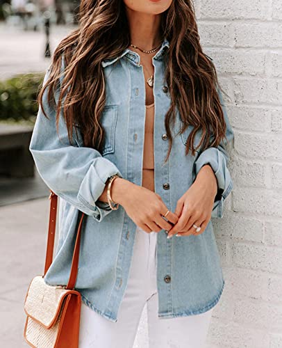 Ladyful Women's Oversized Denim Shirt Shacket Long Sleeve Jean Jacket Coat4