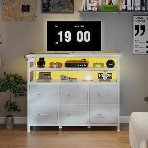 Image of DUMOS TV Stand for Up to 45 inch TV, Entertainment Center with Remote or App-Controlled LED Lights & Charging Station, Media Console Table with 6 Fabric Drawers, 2 Shelves for Living Room, White