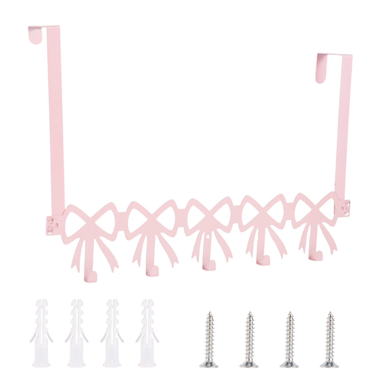 Fukaisu Pink Bow Over The Door Hooks, 5 Hooks Cute Wall Mount Towel Rack Organizer Farmhouse Rustic Coquette Bow Knot Towel Hat Clothes Storage Hanger for Bedroom Bathroom Decor