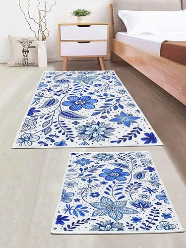 Image of Digital Printed Bathmat Set of 2 | Anti-Skid Mess Backing | Large & Small Combo | Water Absorbent, Quick Dry, Soft Floor Mat for Bathroom & Home Color - Floral Printed White and Blue