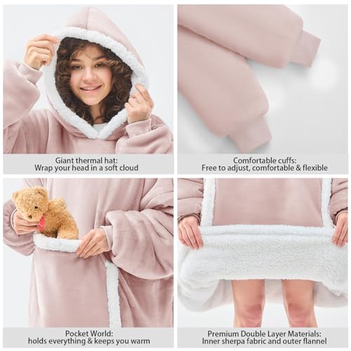 JOYWOO Pink Wearable Blanket Hoodie,Oversized Cat Lovers Sweatshirt Blanket for Adult,Birthday Gifts for Women,Mom,Girlfriend,Cozy Hooded Blanket with Giant Pocket and Winter Gifts,Dusty Pink Standard