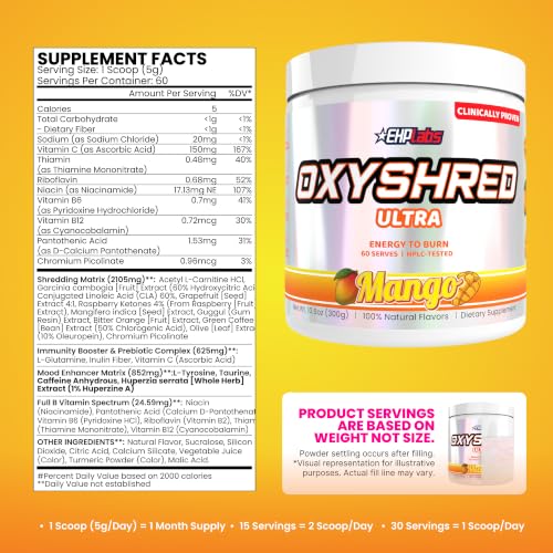 Image of EHP Labs OxyShred Pre Workout Powder - Preworkout Powder with L Glutamine & Acetyl L Carnitine, Energy Boost Drink - Mango, 60 Servings