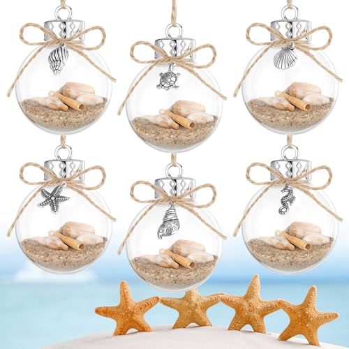 Jenaai 6 Pcs Coastal Beach Ornaments for Summer Christmas Tree 2.36 Inch Nautical Glass Ball Ocean Sand Jar Christmas in July Hanging Ornaments with Seashell for Xmas Tree Decor Wedding Party Favors