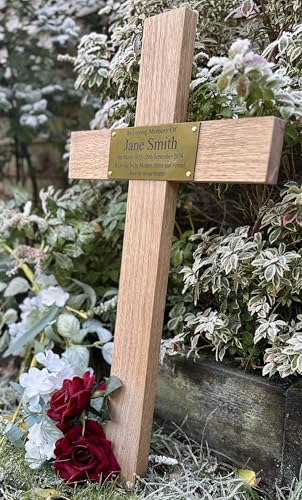 23 Personalised memorial cross with plaque solid oak grave marker