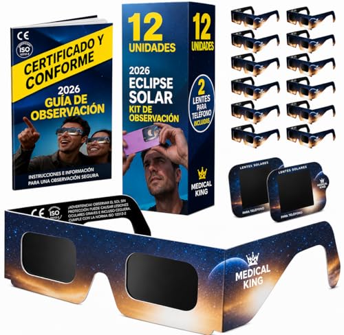 Gafas Eclipse Solar 2026 - Lote de 12 pares Premium con 2 filtros solares para smartphone, gafas Eclipse Solar ISO 12312-2, con certificación CE, protección de los ojos para la observación del sol