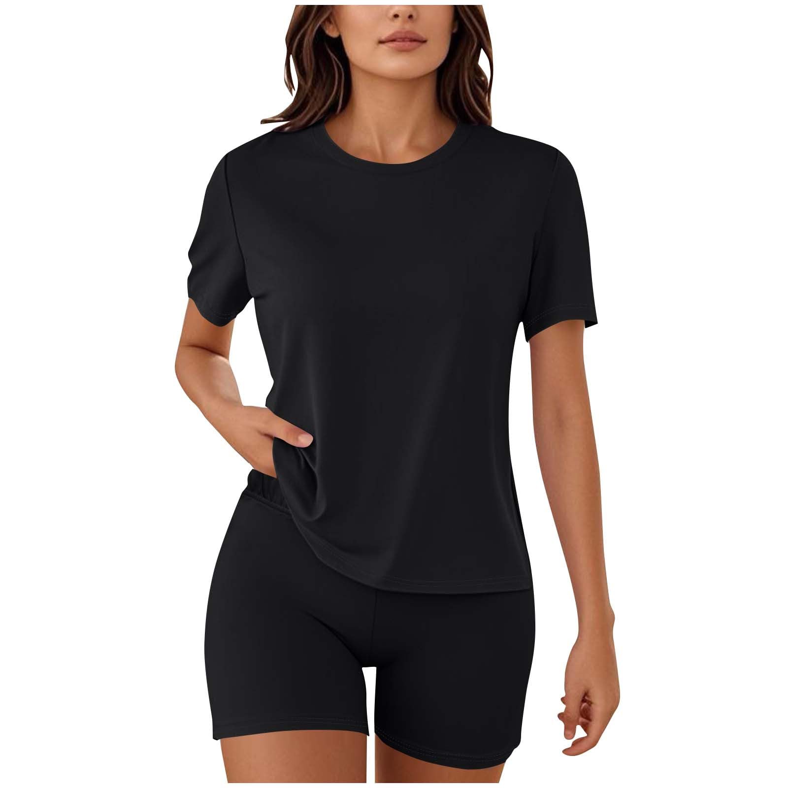 Womens Athletic Set Stretchy Short Sleeve T-Shirt High Waist Biker Shorts 2 Piece Workout Activewear Summer Yoga Outfit