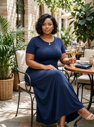 Image of SUZONANA Plus Size Maxi Dress for Curvy Women Summer Casual Sundress Short Sleeve Loose Vacation Dress
