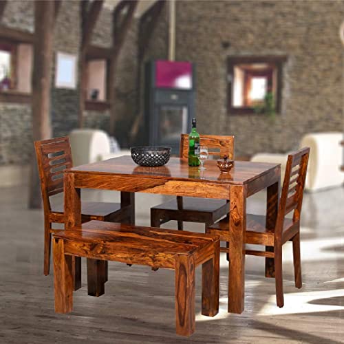Image of Furnire Carp Sheesham Wood 4 Seater Dining Table Set with 3 Chairs and 1 Bench for Living Room Home || Solid Wood Dining Room Sets Furniture for Dinner Rooms & Hotels (Honey Finish)