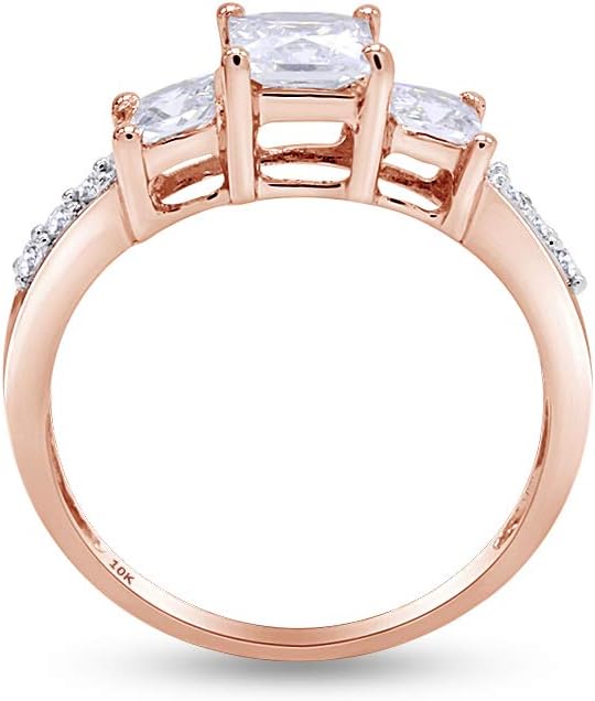 AFFY Princess Cut Simulated White Sapphire & White Cubic Zirconia Three Stone Ring in 10k Solid Gold
