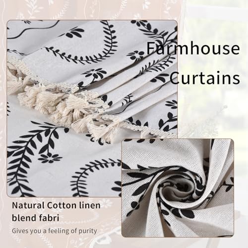Image of Schweek Boho Tassels Curtains for Living Room 84 Inches Long 2 Panels Ivory | Linen Semi Sheer, Vintage Floral Printed Patterned, Rustic Farmhouse Curtain Drapes for Bedroom, Dining Room, Office 52 inchx 84 inch