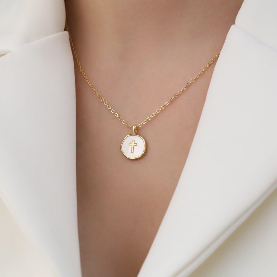 Gold Enamel Mini Cross Necklace Tiny Mother of Pearl Cross Necklace Religious Christian Gift for Baptism First Communion Christmas - Image 7