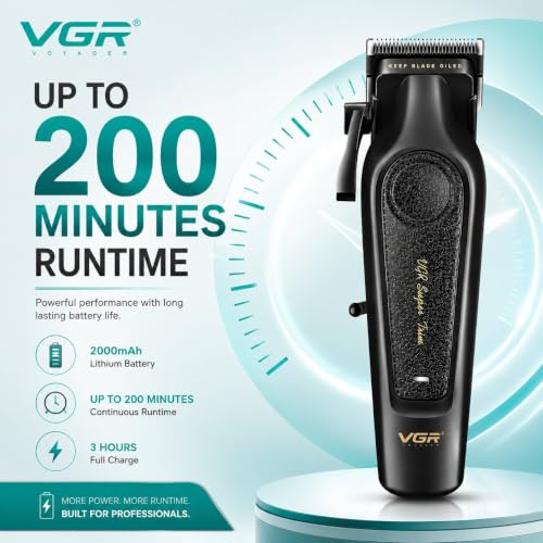 Image of VGR V-197 Professional Hair Clipper for Men | 7000 RPM High-Speed Motor | 200 Min Runtime | 2000mAh Lithium Battery | Ceramic & Stainless Steel Blade | USB Type-C Charging | LED Display | Adjustable Taper Lever | Corded & Cordless | 6 Guide Combs