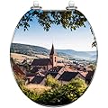 Round Toilet Seat Typical french village rooftops church hills Resin Toilet Seat Quietly Close Quick Release Hinges with Cover Bumpers Decorative Easy to Install Clean