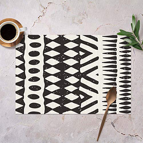Mugod Aztec Placemats Native Tribal Design Geometric Ethnic Stripe Lines Black White Decorative Heat Resistant Non-Slip Washable Place Mats For Kitchen Table Mats Set Of 4 12"X18" #TOP1