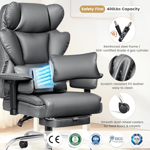 Image of Office Chair 400 LBS, Heavy Duty High Back Executive Desk Chair | 23.6 inch Extra-Wide Seat with Footrest for Big & Tall Users, Ergonomic Lumbar Support, 165 Recline, Padded Arms, Gray, 2 Pack