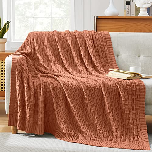 Image of TREELY 100% Cotton Knitted Throw Blanket 60 x 80 Inches, Caramel