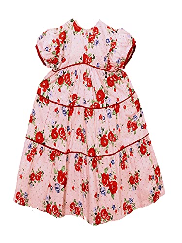 Image of Cotton Girls Three Tier Swirly Dress Frock with Piping and Puffed Balloon Sleeves