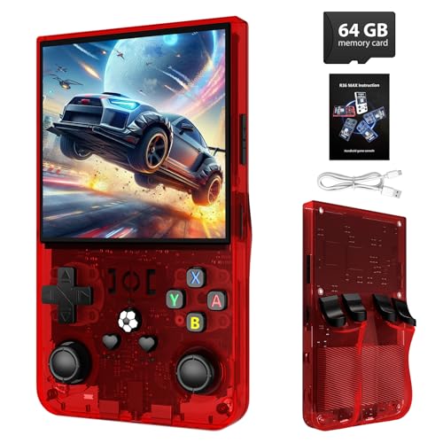 R36MAX Retro Gaming Console,4.0 Inch Handheld Game Console with 64GB Classic Video Games,30+ Simulators,4000mAh Rechargeable Battery,Hand Held Game Console-Transparent Red