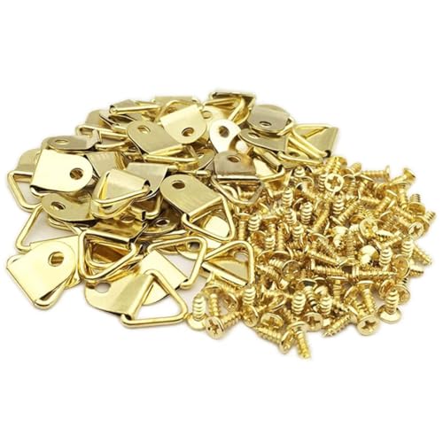 Image of 100Pcs Metal Small Triangle Ring Picture Hangers with Screws Artwork Photo Picture Frames Hanger Wall Mount Hook Picture Hanging Hardware for Hanging Picture Frames, Gold